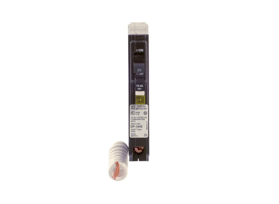 QO120CAFI Breaker - A single-phase 20A AC contactor coil with a white plastic coil end cap and a white threaded connector wire, shown against a plain white background.