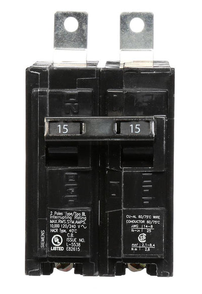 B215 - Siemens 15 Amp Double Pole Bolt-On Circuit Breaker