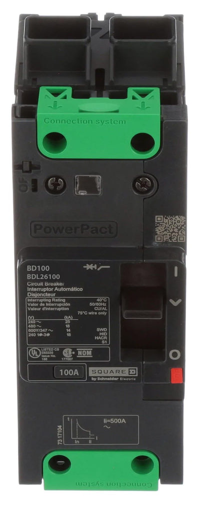 BDL26100 - Square D 100 Amp 2 Pole 600 Volt Molded Case Circuit Breaker