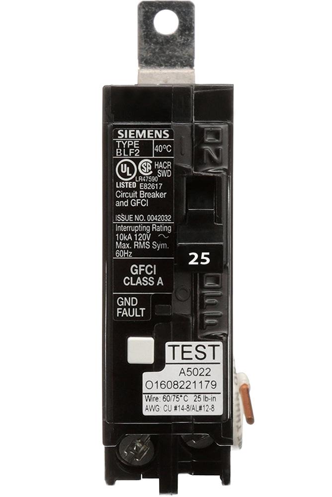 BF125A - Siemens 25 Amp Single Pole GFCI Bolt-On Circuit Breaker