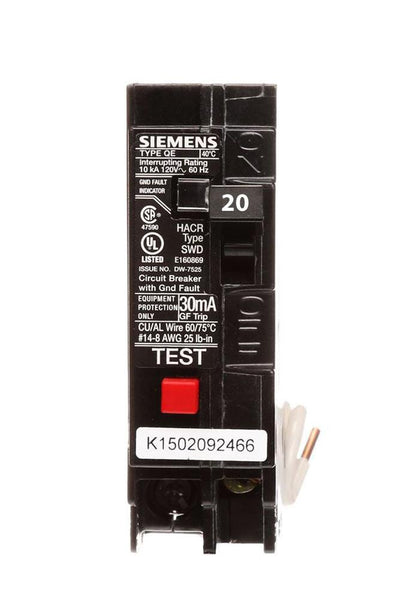 QE120 - Siemens 20 Amp 1 Pole 120 Volt Ground Fault Equipment Protection Circuit Breaker