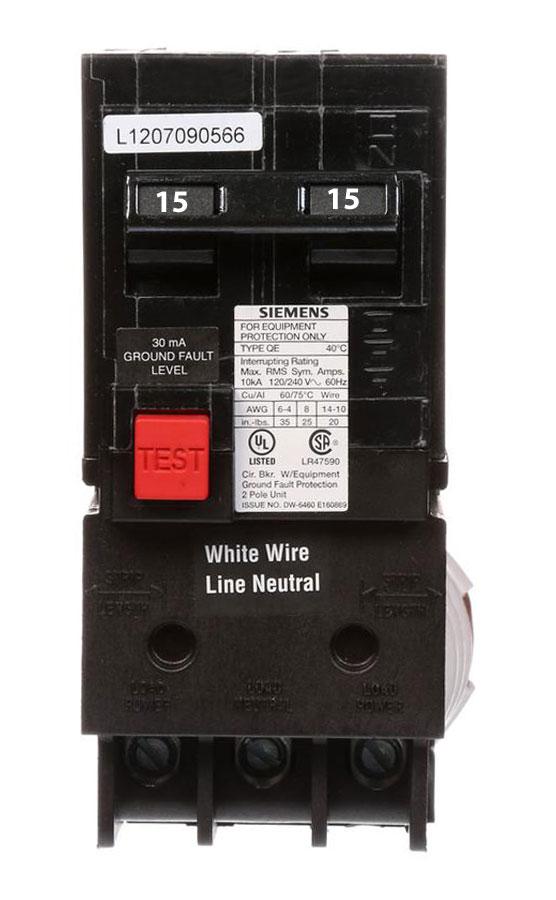 QE215 - Siemens 15 Amp 2 Pole 240 Volt Ground Fault Equipment Protection Circuit Breaker