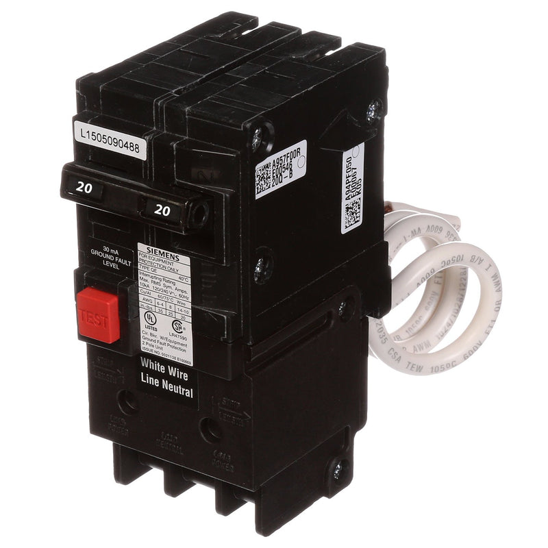 QE220 - Siemens 20 Amp 2 Pole 240 Volt Ground Fault Equipment Protection Circuit Breaker