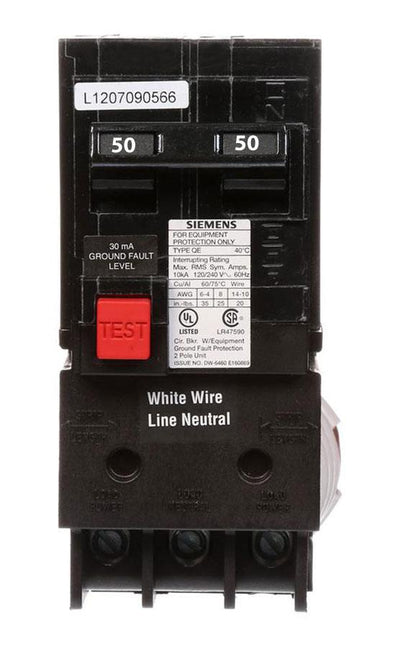 QE250 - Siemens 50 Amp 2 Pole 240 Volt Ground Fault Equipment Protection Circuit Breaker