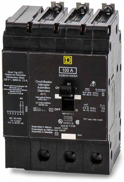 EGB36100SA - Square D 100 Amp 3 Pole 600 Volt Molded Case Circuit Breaker
