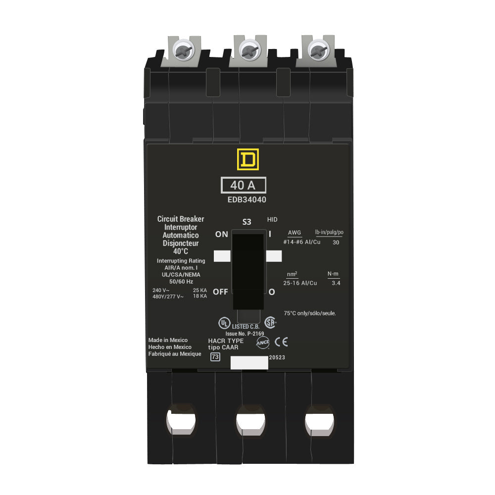 EDB34040 - Square D 40 Amp 3 Pole 480 Volt Bolt-On Molded Case Circuit Breaker