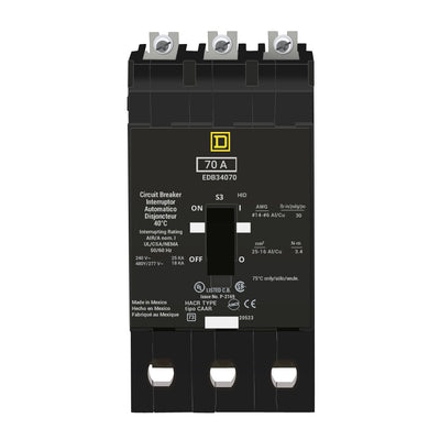 EDB34070 - Square D 70 Amp 3 Pole 480 Volt Bolt-On Molded Case Circuit Breaker