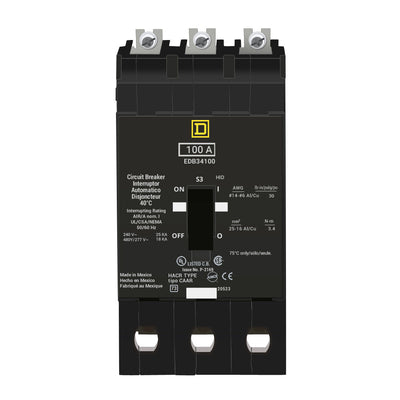 EDB34100 - Square D 100 Amp 3 Pole 480 Volt Bolt-On Molded Case Circuit Breaker