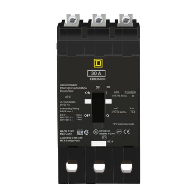 EDB36030 - Square D 30 Amp 3 Pole 600 Volt Bolt-On Molded Case Circuit Breaker