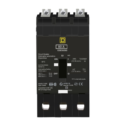 EDB36080 - Square D 80 Amp 3 Pole 600 Volt Bolt-On Molded Case Circuit Breaker