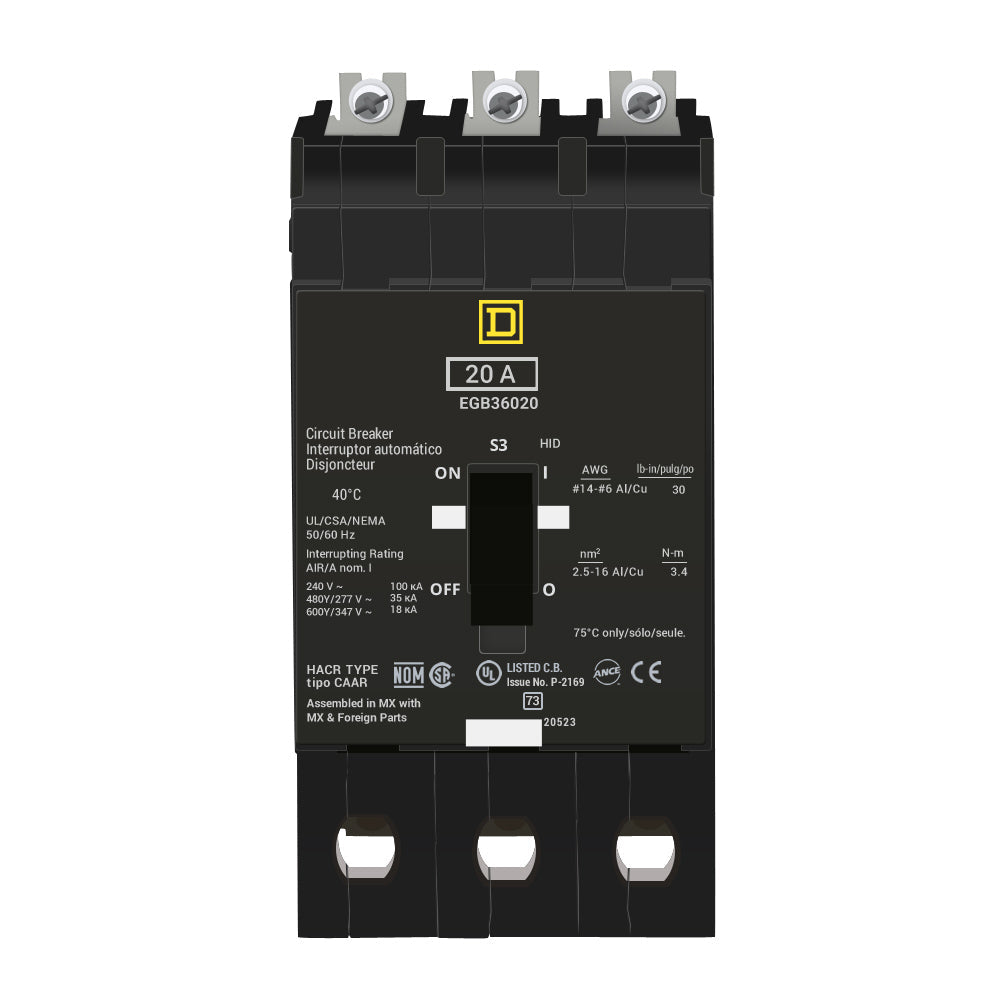 EGB36020 - Square D 20 Amp 3 Pole 600 Volt Bolt-On Circuit Molded Case Breaker