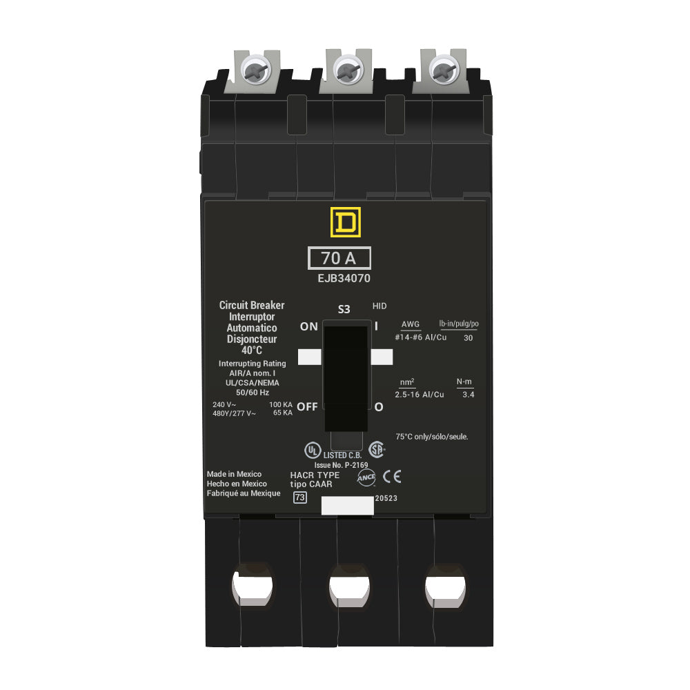 EJB34070 - Square D 70 Amp 3 Pole 480 Volt Bolt-On Circuit Breaker