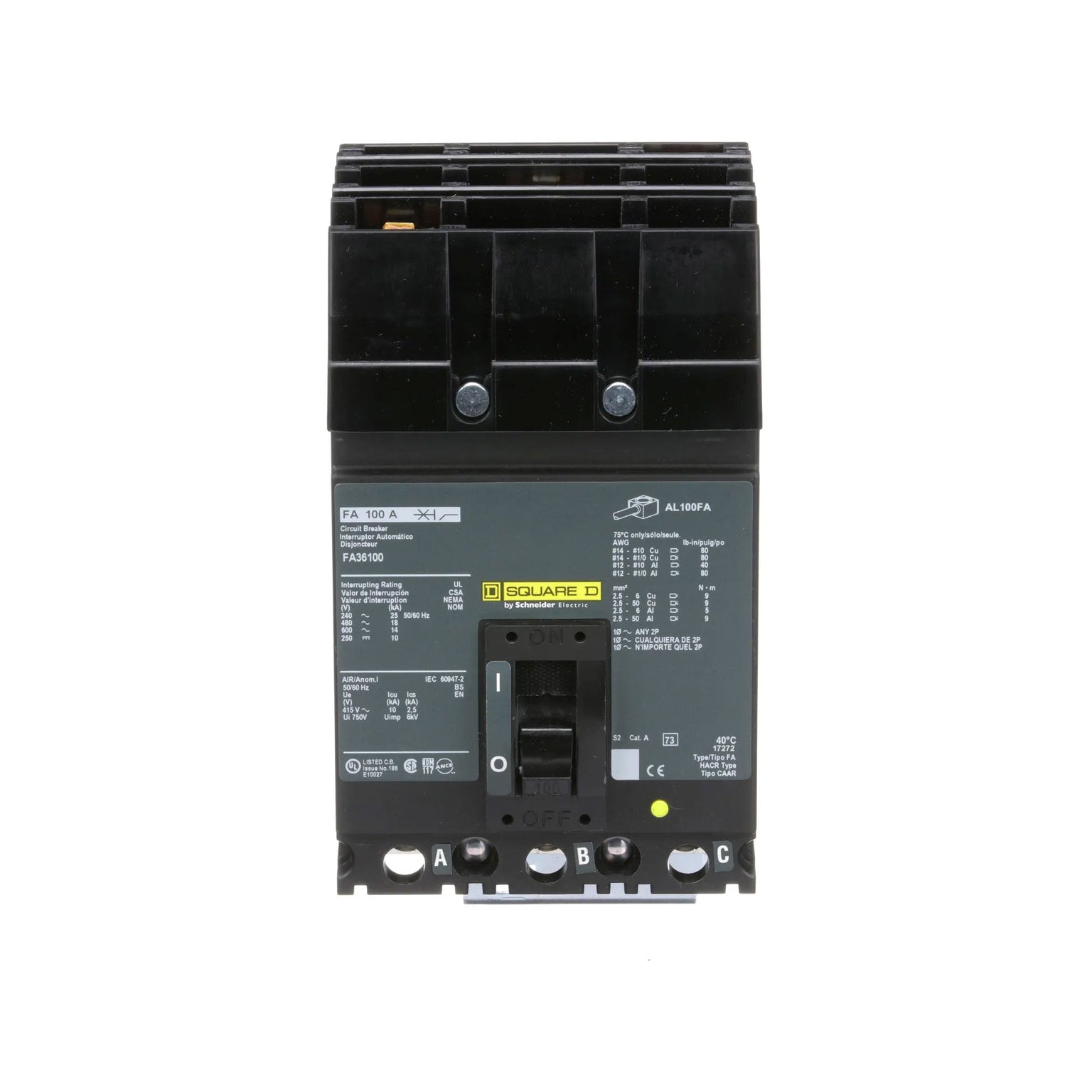 FA36100 - Square D 100 Amp 3 Pole 600 Volt Plug-In Molded Case Circuit Breaker