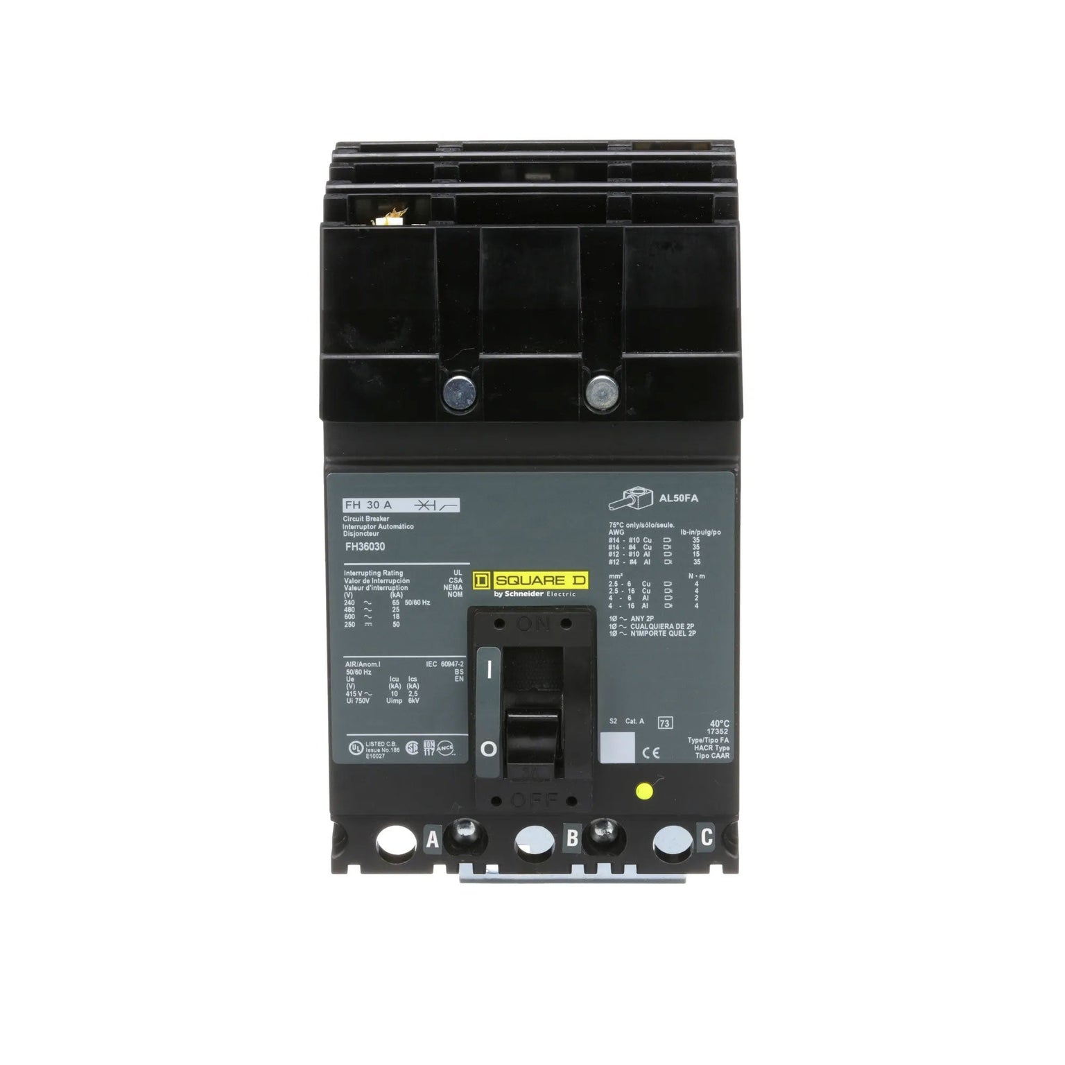 FH36030 - Square D 30 Amp 3 Pole 600 Volt Molded Case Circuit Breaker