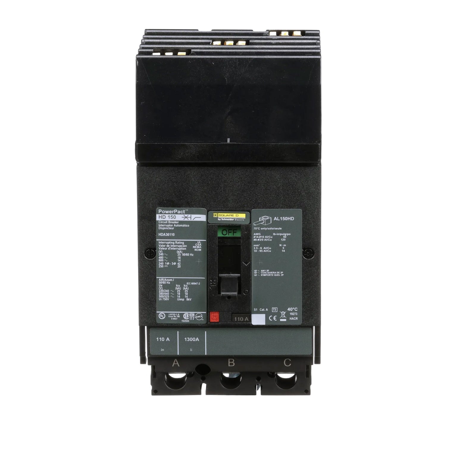 HDA36110 - Square D 110 Amp 3 Pole 600 Volt Plug-In Molded Case Circuit Breaker