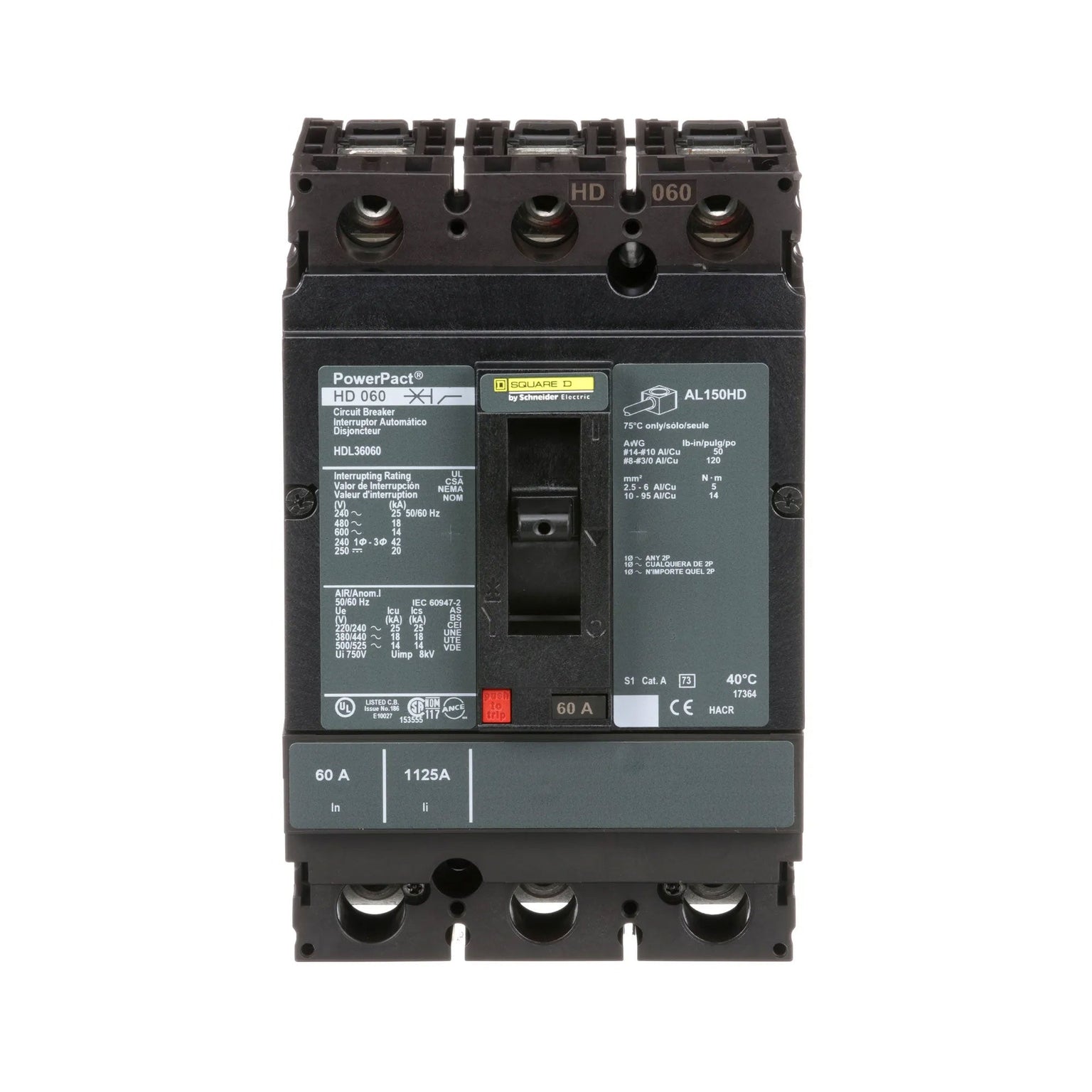 HDL36060 - Square D 60 Amp 3 Pole 600 Volt Molded Case Circuit Breaker