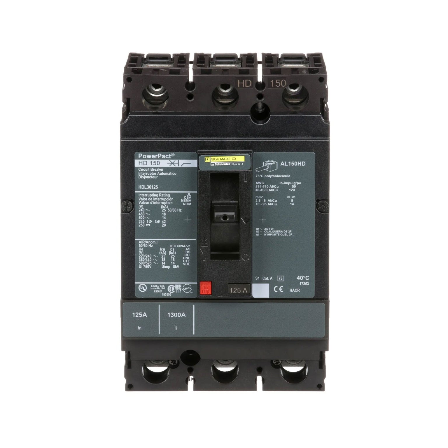 HDL36125 - Square D 125 Amp 3 Pole 600 Volt Molded Case Circuit Breaker
