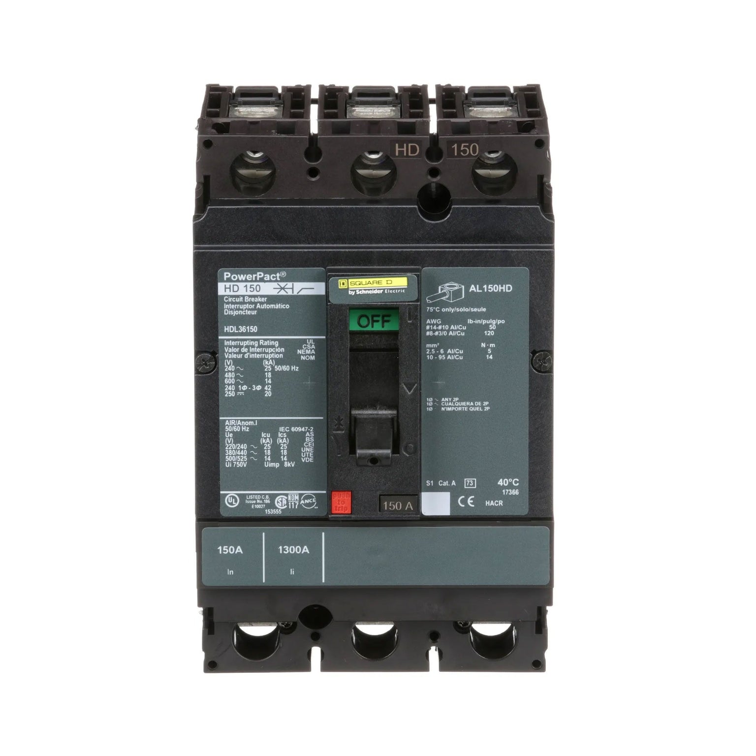 HDL36150 - Square D 150 Amp 3 Pole 600 Volt Molded Case Circuit Breaker