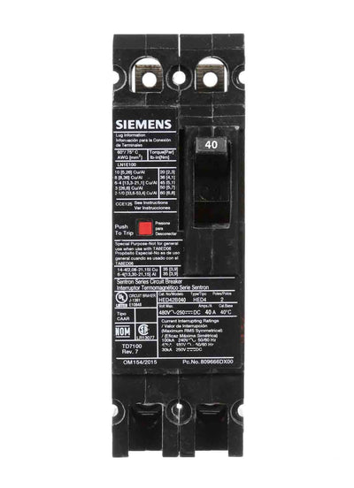 HED42B040L - Siemens 40 Amp 2 Pole 480 Volt Feed Thru Molded Case Circuit Breaker
