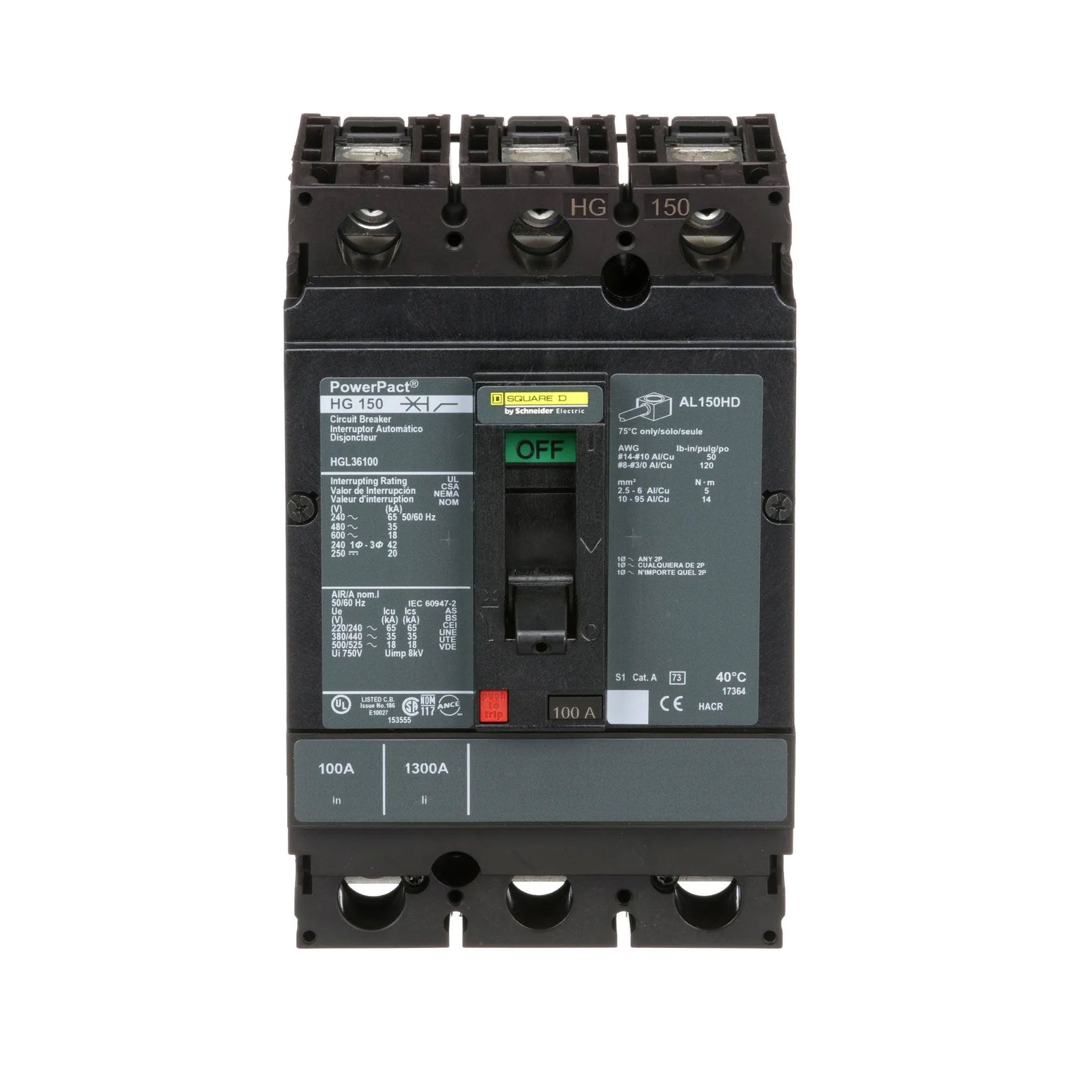 HGL36100 - Square D 100 Amp 3 Pole 600 Volt Molded Case Circuit Breaker