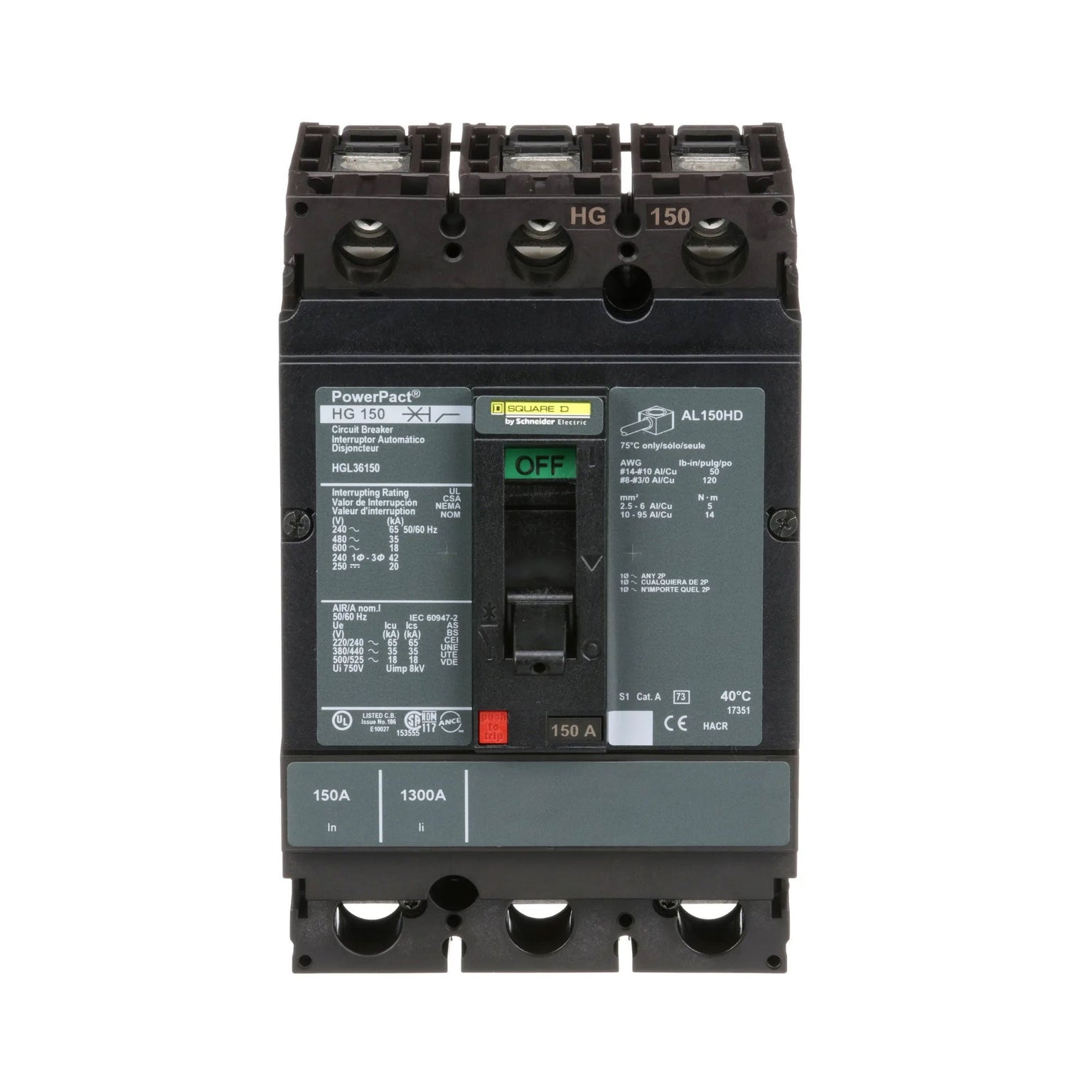 HGL36150 - Square D 150 Amp 3 Pole 600 Volt Molded Case Circuit Breaker