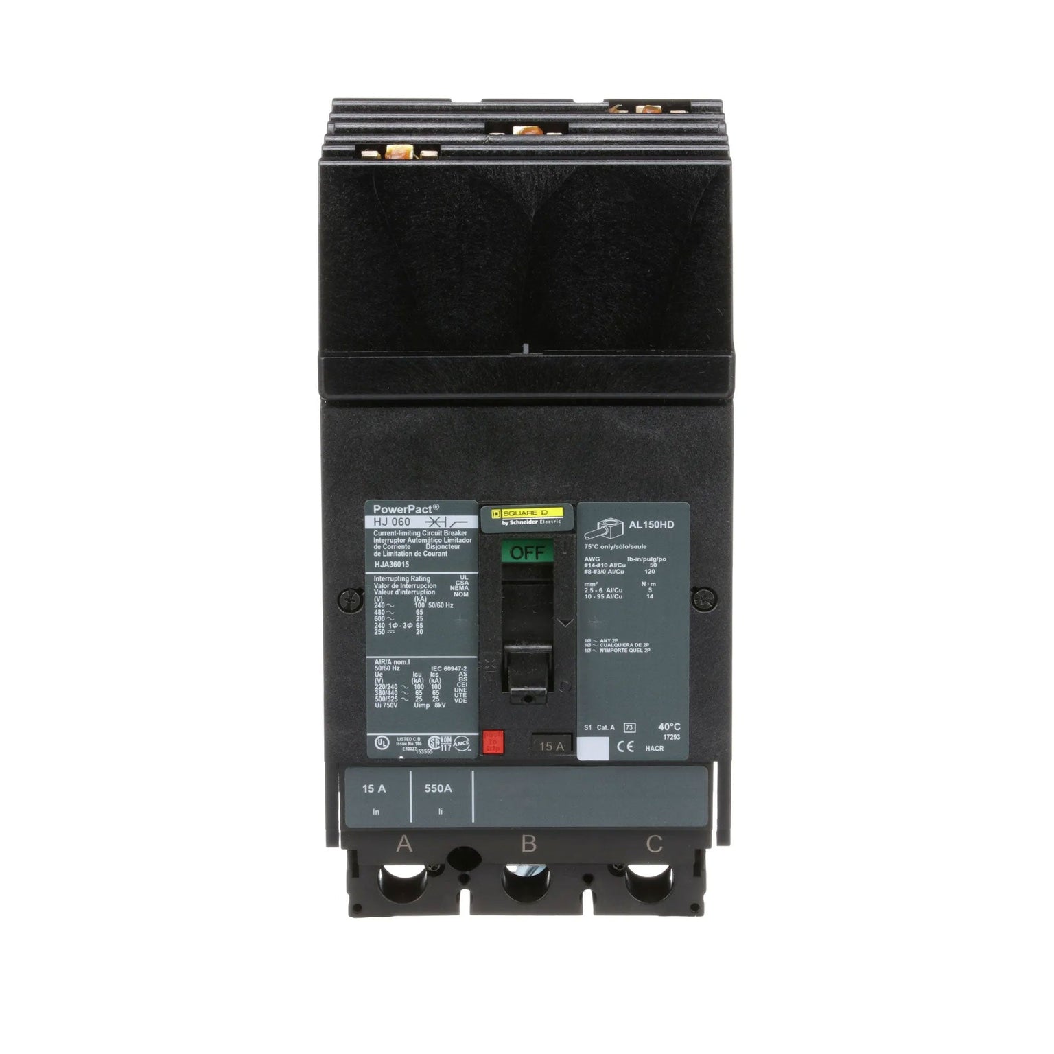 HJA36015 - Square D 15 Amp 3 Pole 600 Volt Molded Case Circuit Breaker