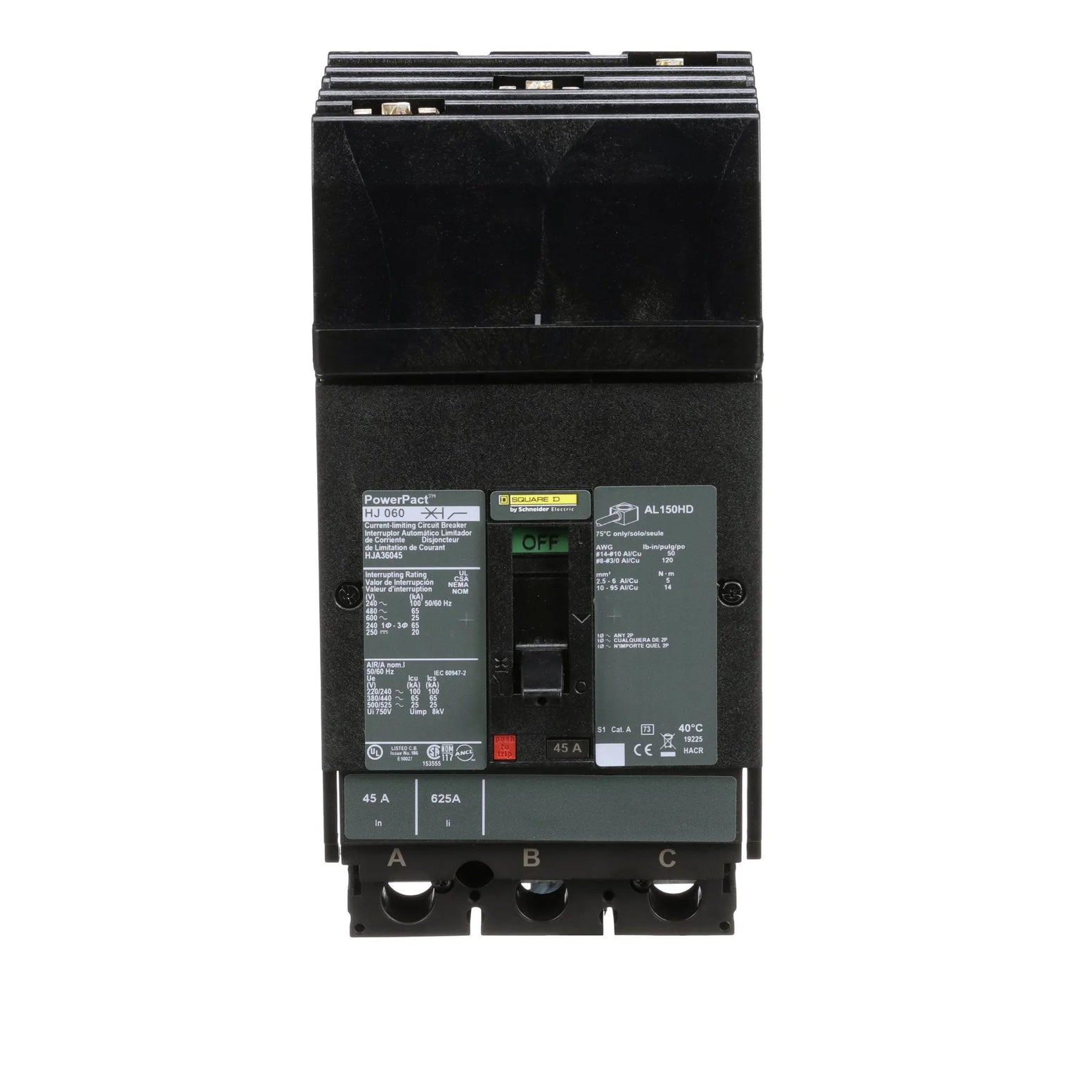 HJA36045 - Square D 45 Amp 3 Pole 600 Volt Molded Case Circuit Breaker