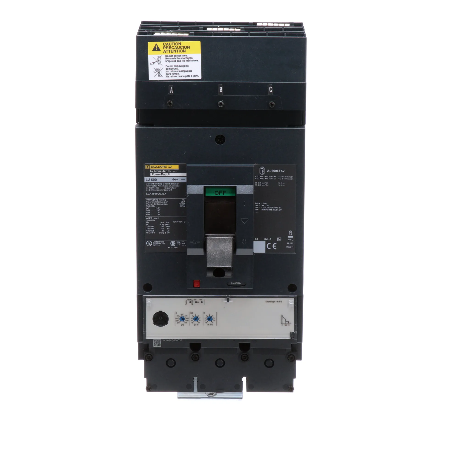 LJA36600U33X - Square D 600 Amp 3 Pole 600 Volt Molded Case Circuit Breaker