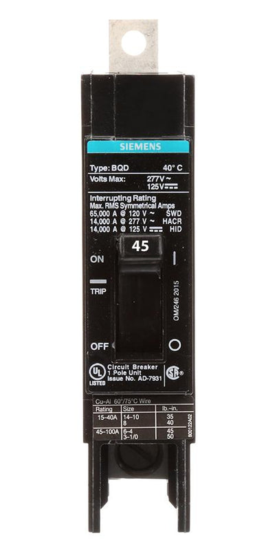 BQD145 - Siemens 45 Amp 1 Pole 277 Volt Bolt-On Molded Case Circuit Breaker