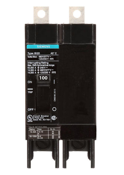BQD2100 - Siemens 100 Amp 2 Pole 480 Volt Bolt-On Molded Case Circuit Breaker