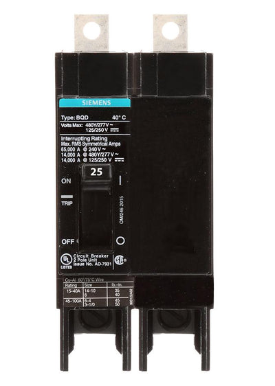 BQD225 - Siemens 25 Amp 2 Pole 480 Volt Bolt-On Molded Case Circuit Breaker