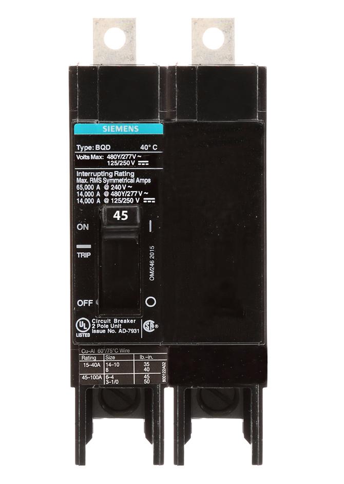 BQD245 - Siemens 45 Amp 2 Pole 480 Volt Bolt-On Molded Case Circuit Breaker
