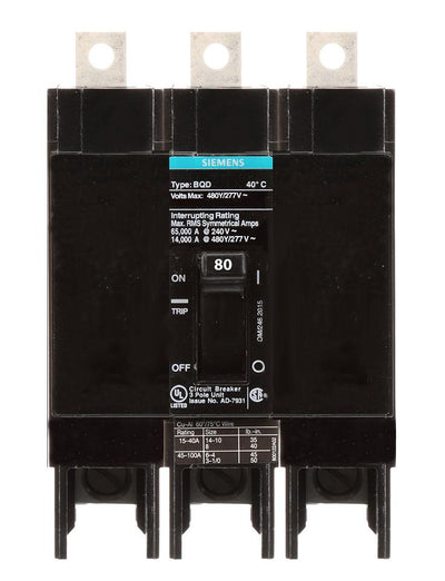 BQD380 - Siemens 80 Amp 3 Pole 480 Volt Bolt-On Molded Case Circuit Breaker