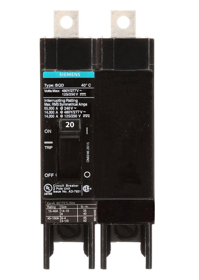 BQD6220 - Siemens 20 Amp 2 Pole 600 Volt Bolt-On Molded Case Circuit Breaker