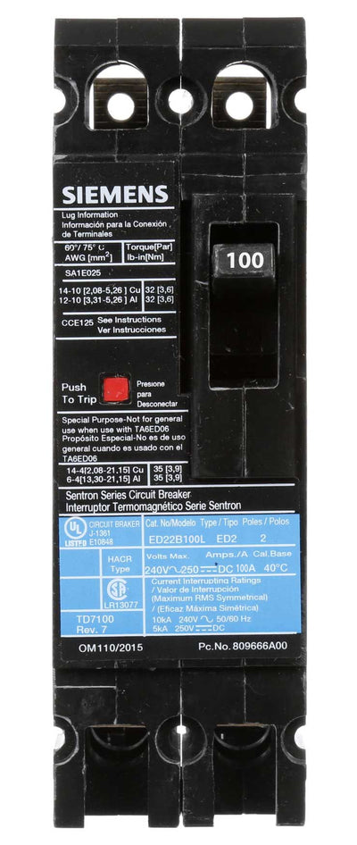 ED22B100 - Siemens 100 Amp 2 Pole 240 Volt Bolt-On Molded Case Circuit Breaker