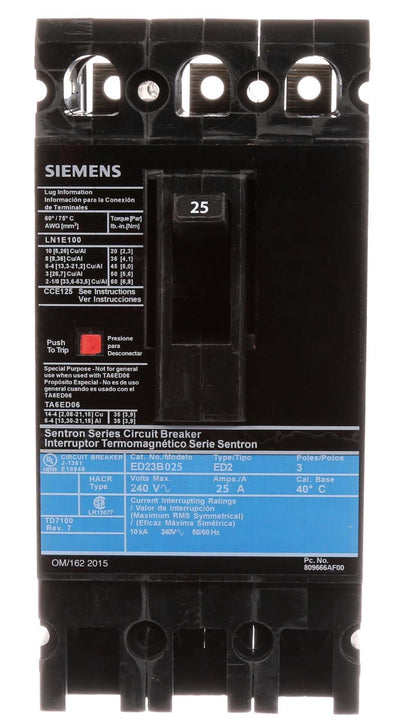 ED23B025 - Siemens 25 Amp 3 Pole 240 Volt Bolt-On Molded Case Circuit Breaker