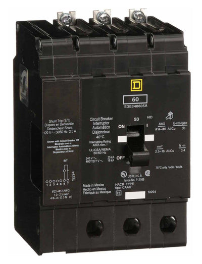 EDB34060SA - Square D 60 Amp 3 Pole 480 Volt Molded Case Circuit Breaker