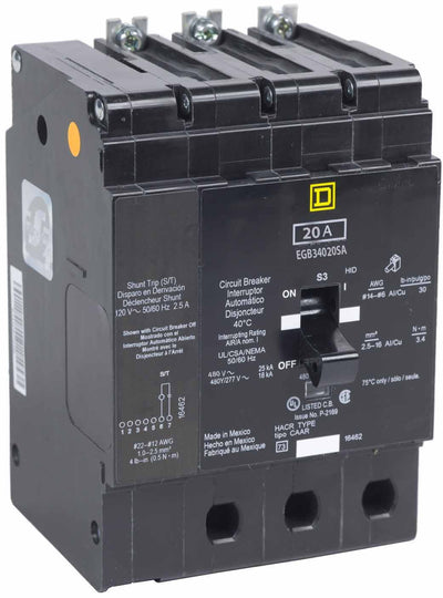EJB34020SA - Square D 20 Amp 3 Pole 480 Volt Molded Case Circuit Breaker