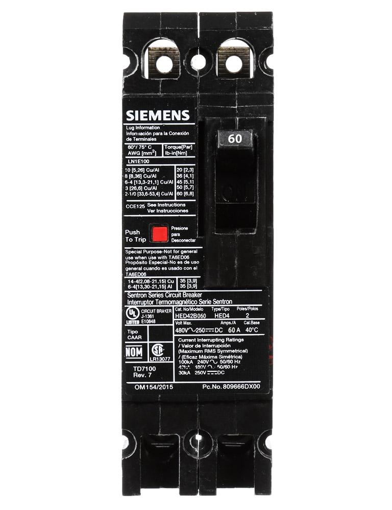 HED42B060 - Siemens 60 Amp 2 Pole 480 Volt Feed Thru Molded Case Circuit Breaker