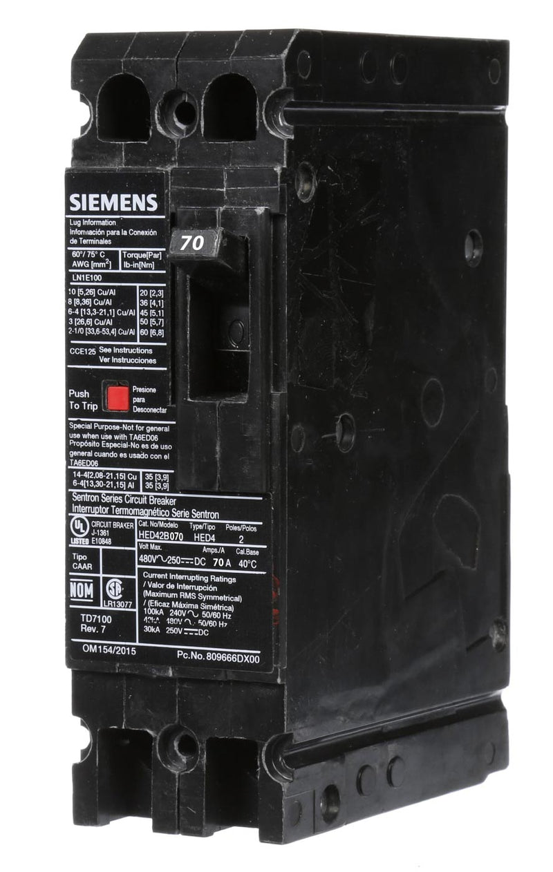 HED42B070 - Siemens 70 Amp 2 Pole 480 Volt Feed Thru Molded Case Circuit Breaker