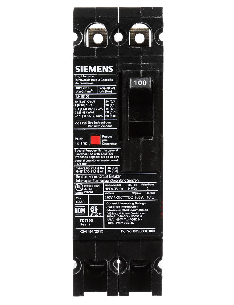 HED42B100 - Siemens 100 Amp 2 Pole 480 Volt Bolt-On Molded Case Circuit Breaker