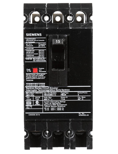 HED43B015 - Siemens 15 Amp 3 Pole 480 Volt Feed Thru Low Voltage Fuse