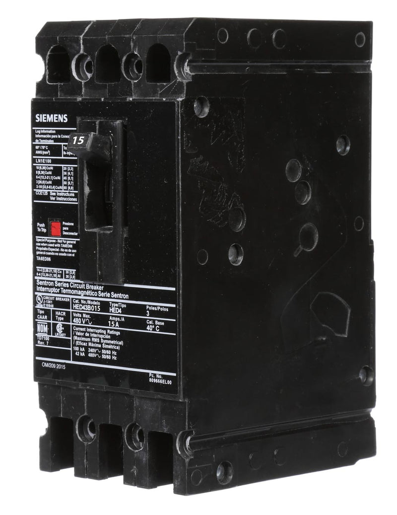 HED43B015 - Siemens 15 Amp 3 Pole 480 Volt Feed Thru Low Voltage Fuse