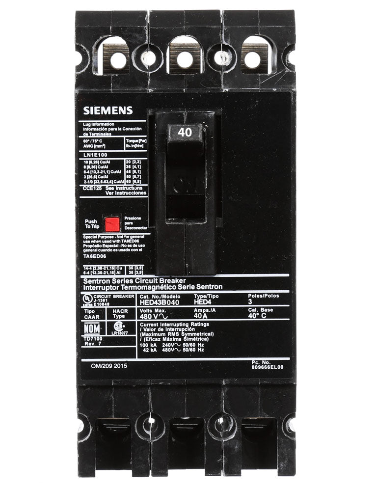 HED43B040 - Siemens 40 Amp 3 Pole 480 Volt Bolt-On Molded Case Circuit Breaker