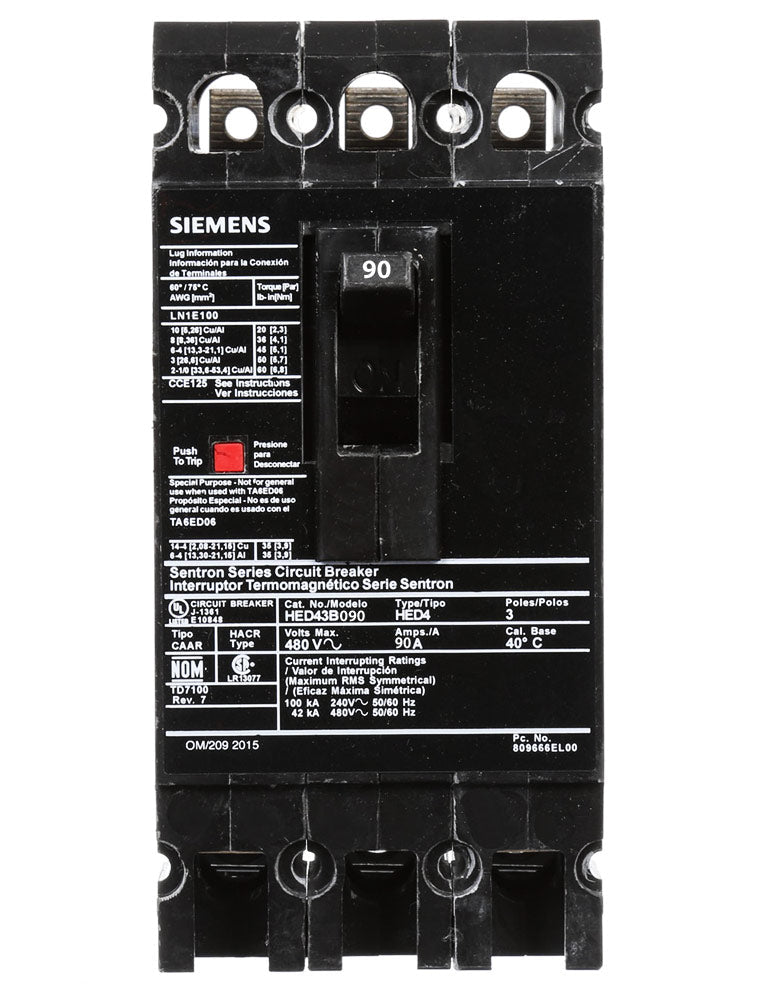 HED43B090 - Siemens 90 Amp 3 Pole 480 Volt Bolt-On Molded Case Circuit Breaker