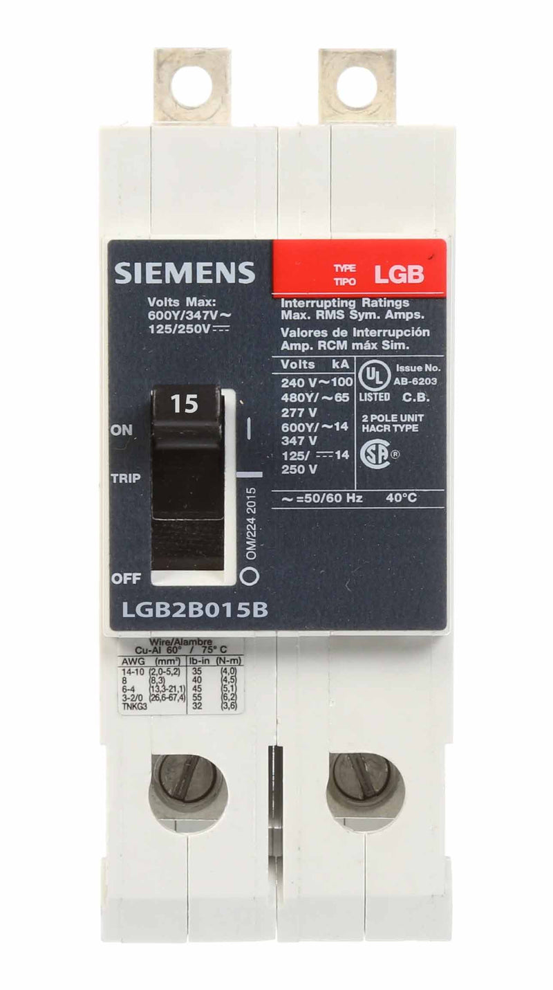 LGB2B015B - Siemens 15 Amp 2 Pole 600 Volt Bolt-On Molded Case Circuit Breaker