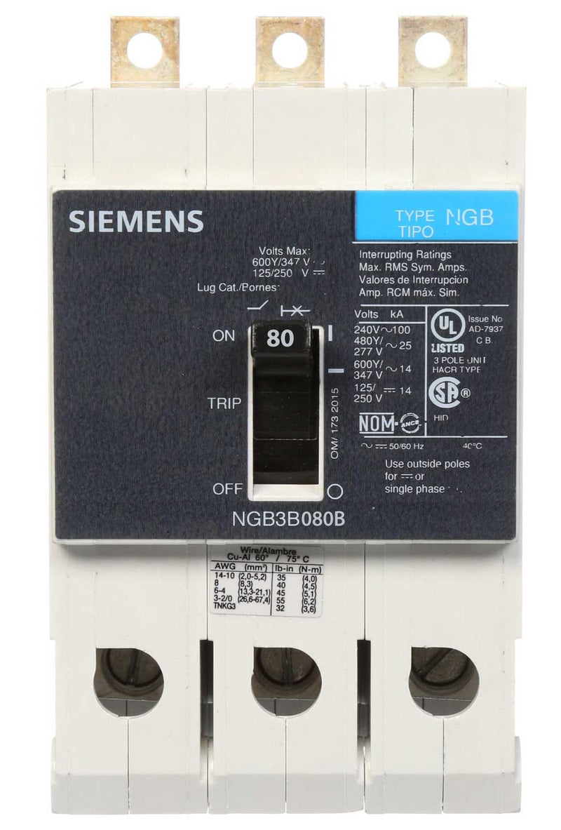 NGB3B080B - Siemens 80 Amp 3 Pole 600 Volt Bolt-On Molded Case Circuit Breaker