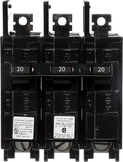 BQ3B020H - Siemens 20 Amp 3 Pole 240 Volt Bolt-On Molded Case Circuit Breaker