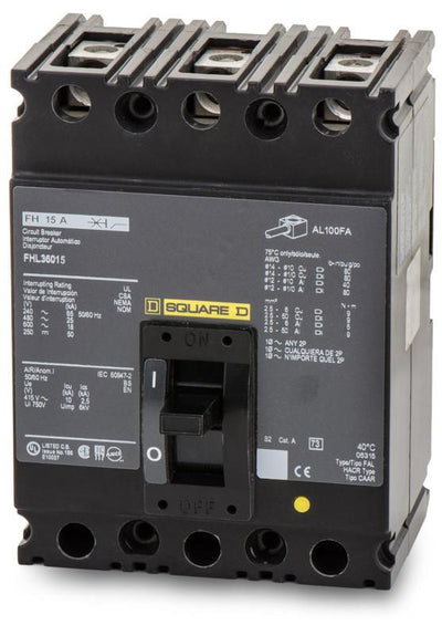 FHL36015 - Square D 15 Amp 3 Pole 600 Volt Lug Molded Case Circuit Breaker