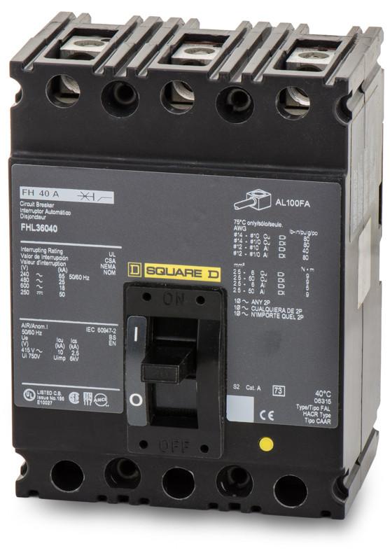 FHL36040 - Square D 40 Amp 3 Pole 600 Volt Lug Molded Case Circuit Breaker